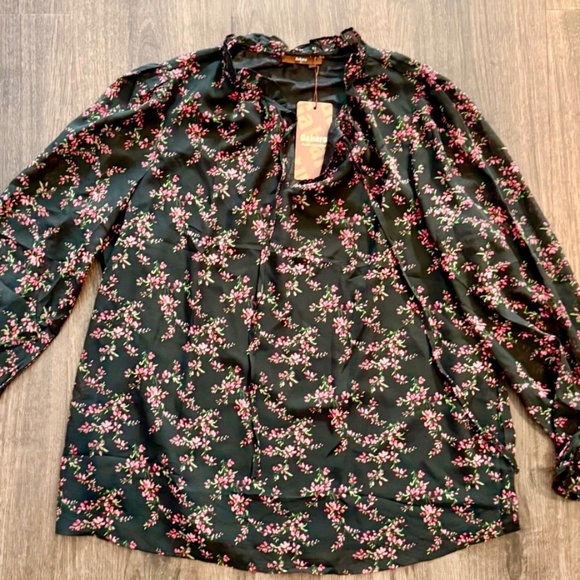 Gaharu Tops - Gaharu Women's Ruffle V-Neck Long Sleeve Floral Blouse - Black - Size XL